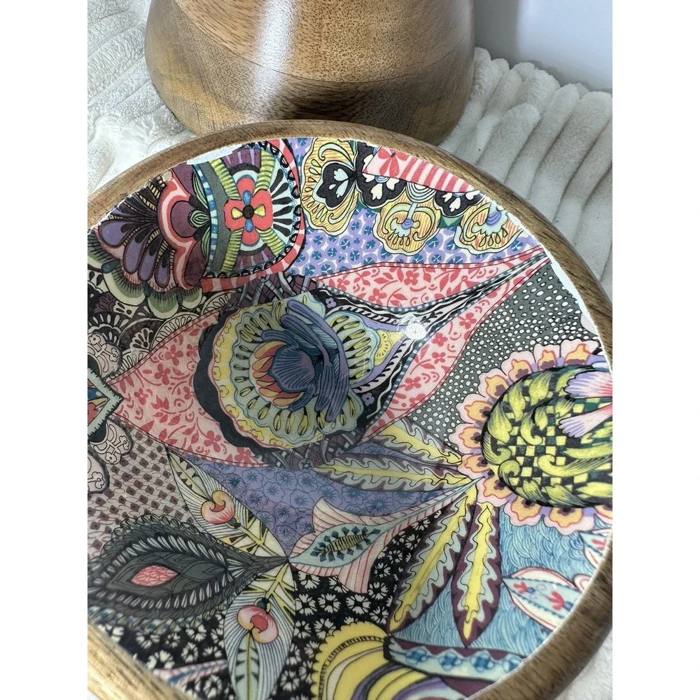 World Market Set of 2 Mango Wood Bowls Enamel Pattern 5.5